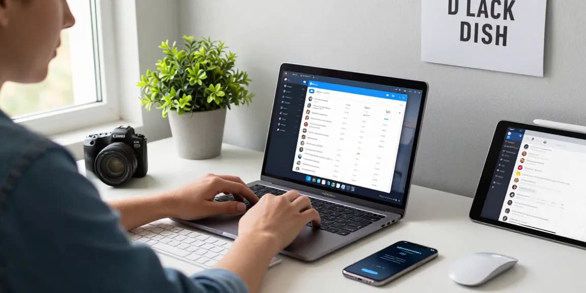 Using Telegram Web Version on a laptop in a modern home office workspace with tech gadgets.