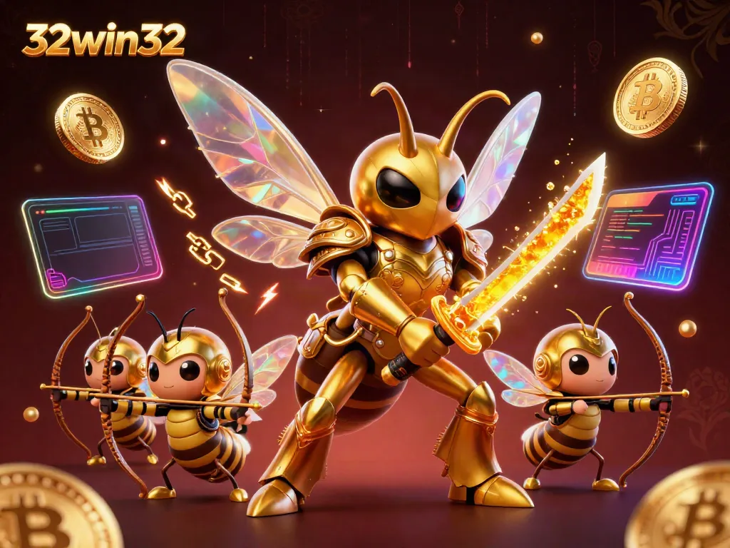 Experience the excitement of 32win32 with a vibrant gaming scene featuring a golden hornet samurai and crypto elements.