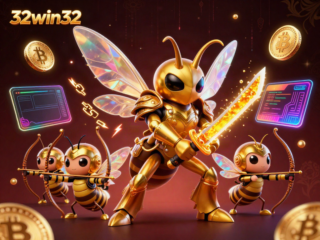 Experience the excitement of 32win32 with a vibrant gaming scene featuring a golden hornet samurai and crypto elements.