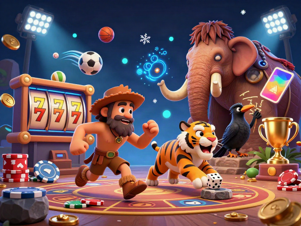 Engage with slot gacor winning gameplay, featuring dynamic slot reels and animated characters at a prehistoric casino.