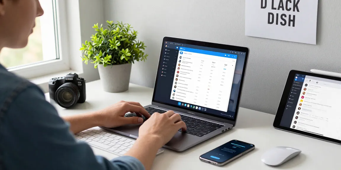 Using Telegram Web Version on a laptop in a modern home office workspace with tech gadgets.