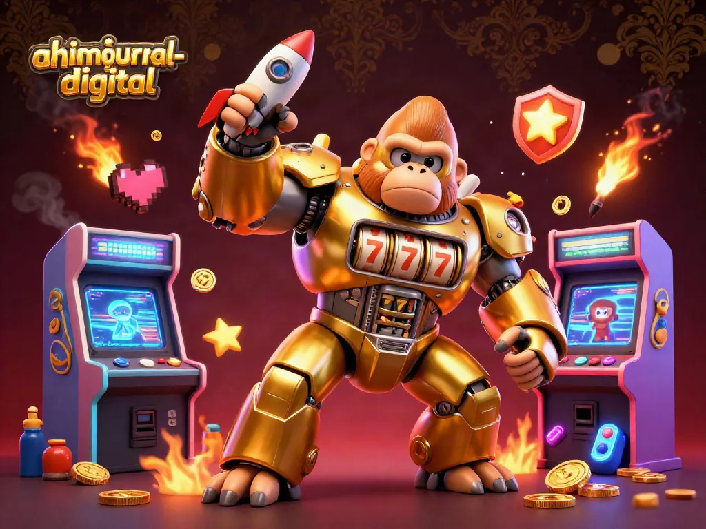 Engage with ahimajournal-digital's vibrant casino adventure featuring a dynamic golden gorilla mech.