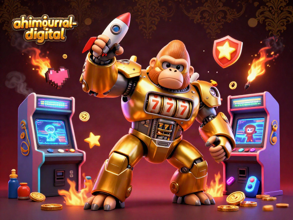 Engage with ahimajournal-digital's vibrant casino adventure featuring a dynamic golden gorilla mech.