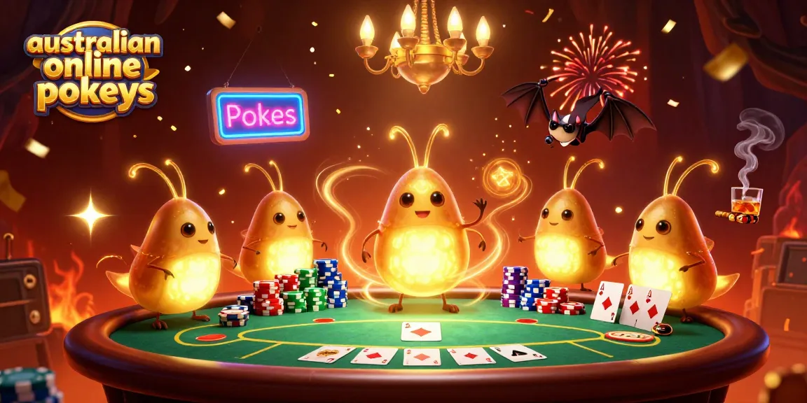 Engage with vibrant australian online pokies in a lively illustrated casino scene featuring glowworms and poker elements.