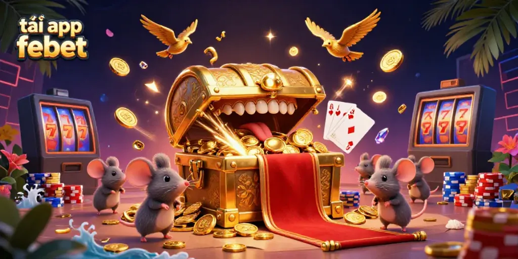 Engage in exciting gaming experiences with tải app febet, featuring golden treasures, luxurious casino elements, and energetic characters.