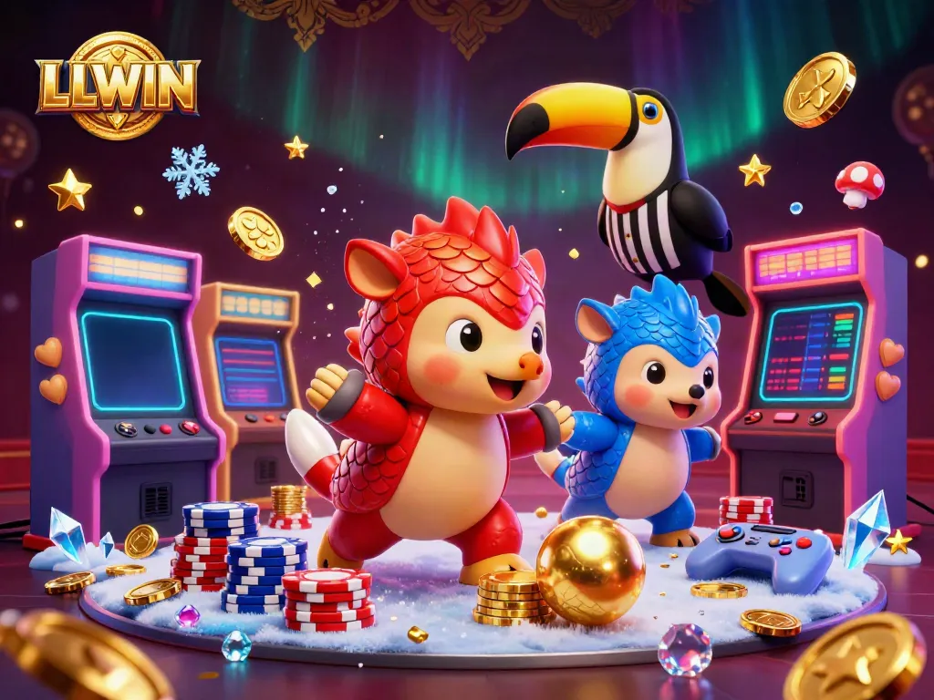 Engaging LLWIN casino scene with rival pangolins bowling poker chips and a colorful arcade backdrop.