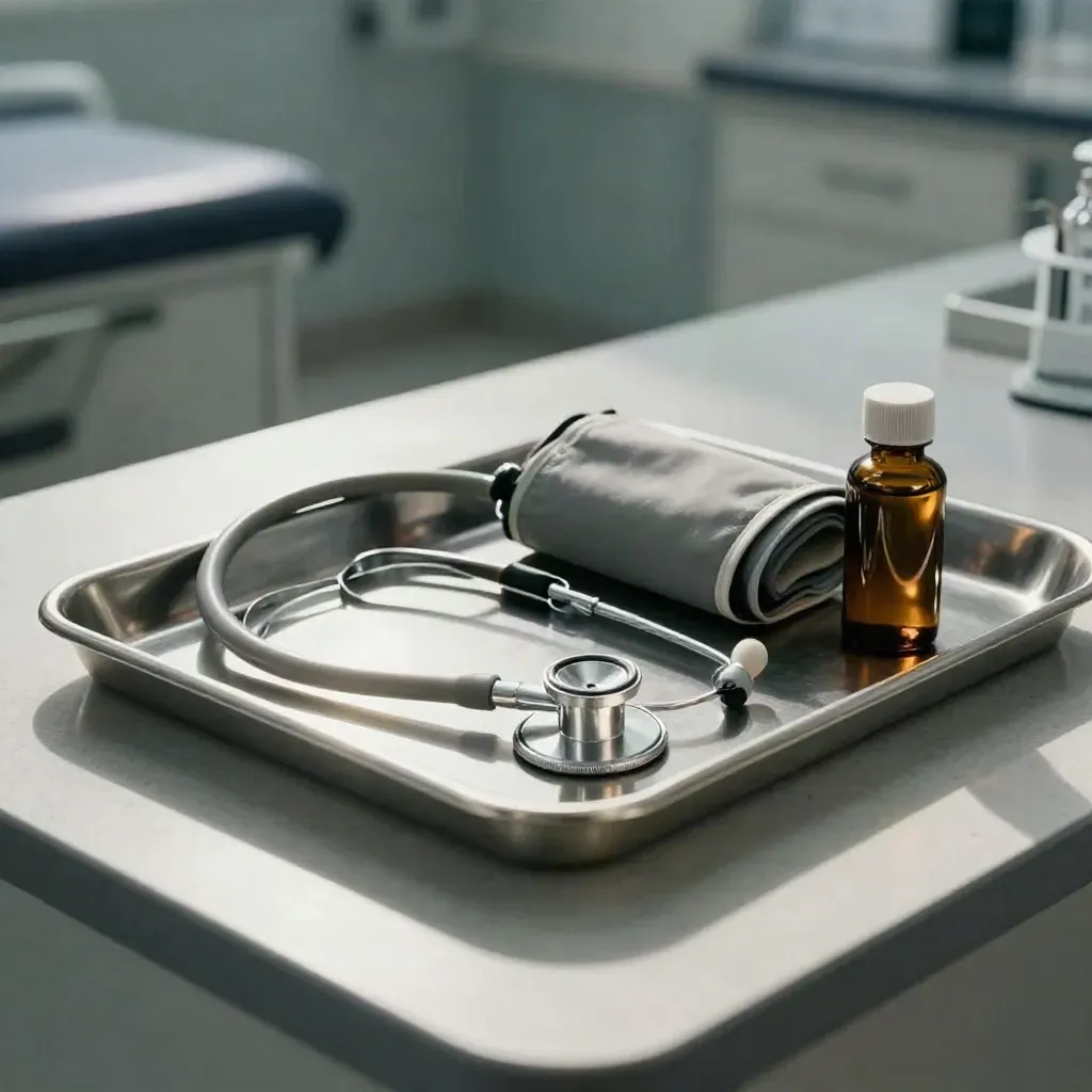 Stethoscoop, bloeddrukmanchet en amber flesje op een metalen tray in klinische mist.