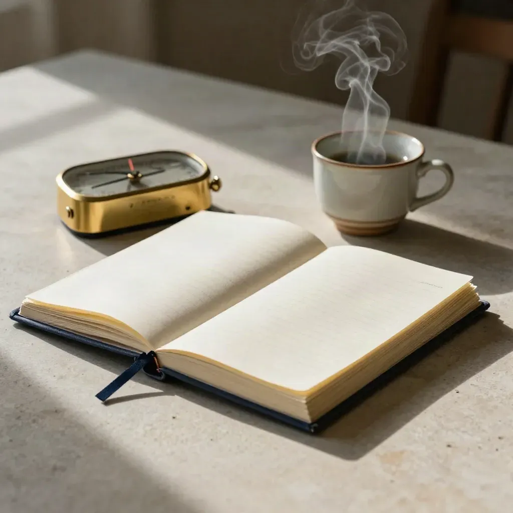 Brass timer, linnen notitieboek, kopje en gevouwen tabs op steen met warme stoom en zacht licht.