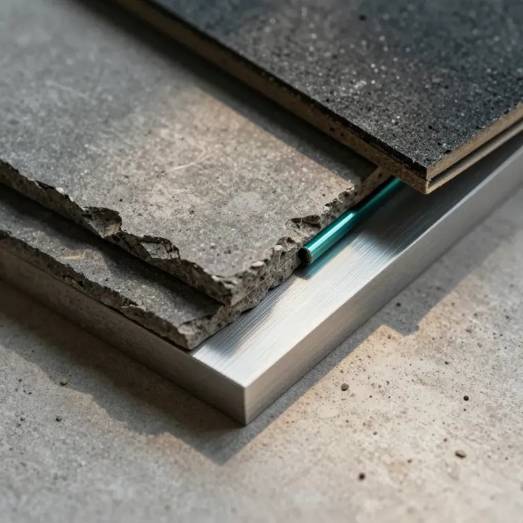 Architecturale materiaalstalen op beton, diagonaal gestapeld met een teal accent.
