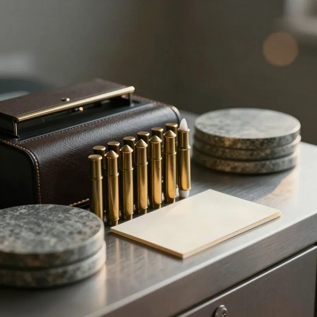 Brass table markers en een checkpresenter op geborsteld metaal, in een rustige hospitality-still life.