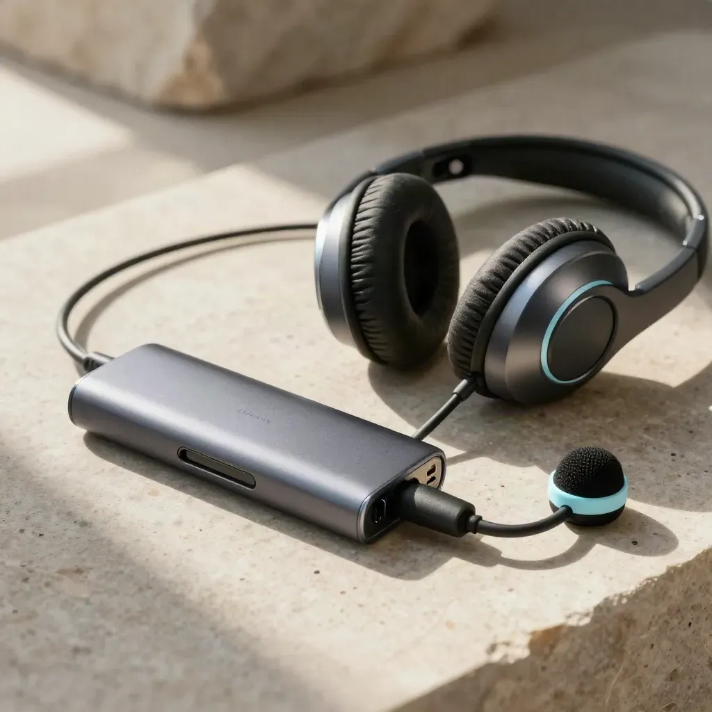 Headset, USB-C hub, kabel en mute-dongle op een neutrale stenen ondergrond.