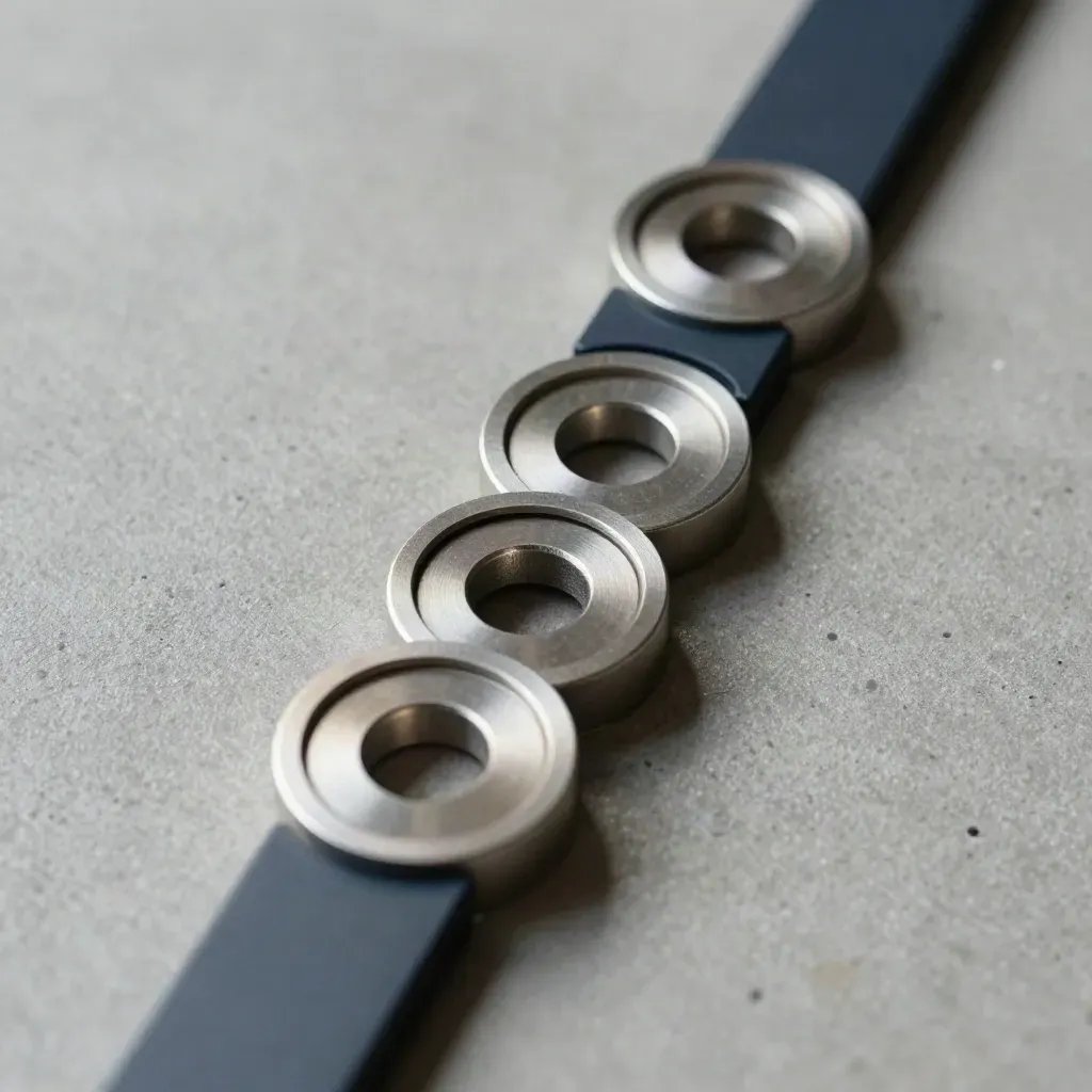 Metalen prioriteitstokens en verdeelblokjes in strakke volgorde op grijze steen.