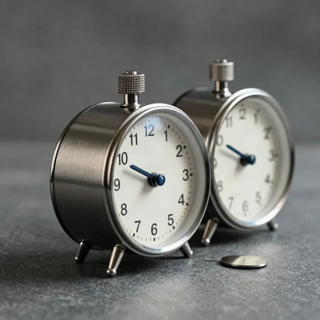 Twee mechanische tafelklokken met datumwielen op een steenachtige ondergrond.