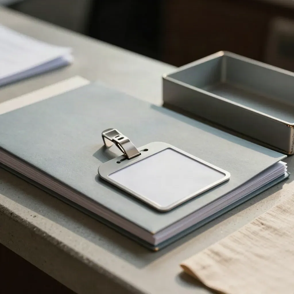 Close-up van kandidatenmappen, badgehoesjes en een metalen tray op een receptieblad.