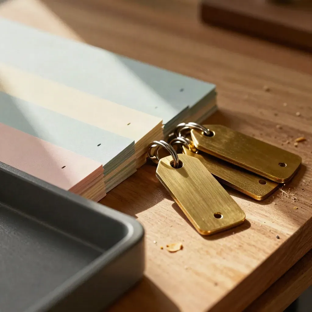 Bovenaanzicht van modulaire desk trays, tabbladen en sleutelhangers op warm hout met zacht licht.
