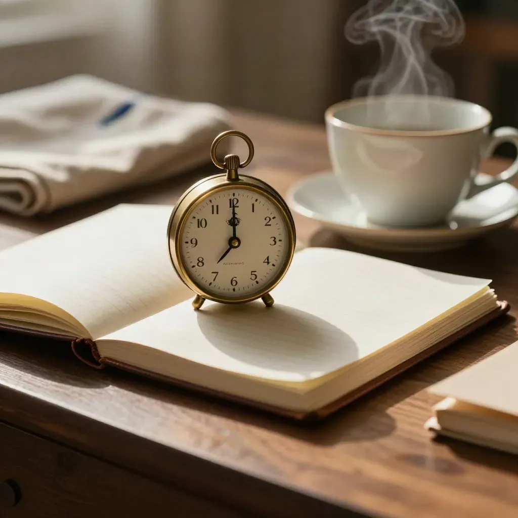 Brass timer, leren notitieboek, keramische beker en linnen doek op warme houten coachdesk.