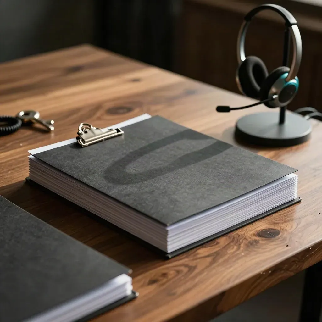Gestapelde kandidaatmappen met headsetstandaard en metalen clips op een houten bureau.