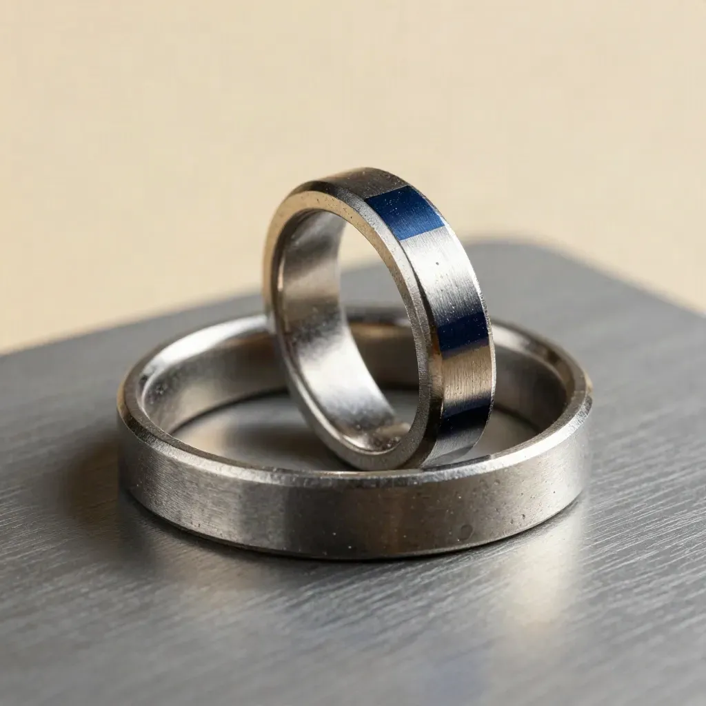 Twee metalen connectoren en ringkoppelingen op grafiet, van boven in macro gefotografeerd.