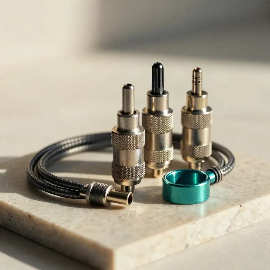 Microfooncapsule met audio-adapters en strak kabeltje op lichte steen.