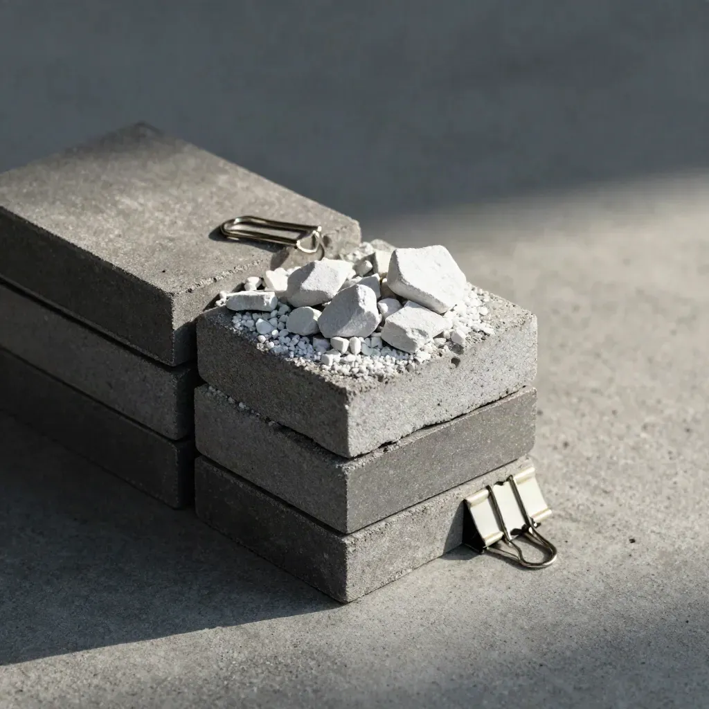 Bovenaanzicht van grafietblokken, steenchips en een binderclip op koel beton, met zacht licht.