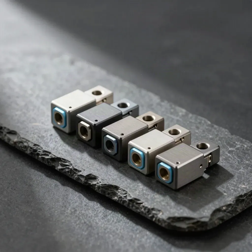 Metalen koppelstukken en modulaire blokken op een matte steenplaat, diagonaal in macro.