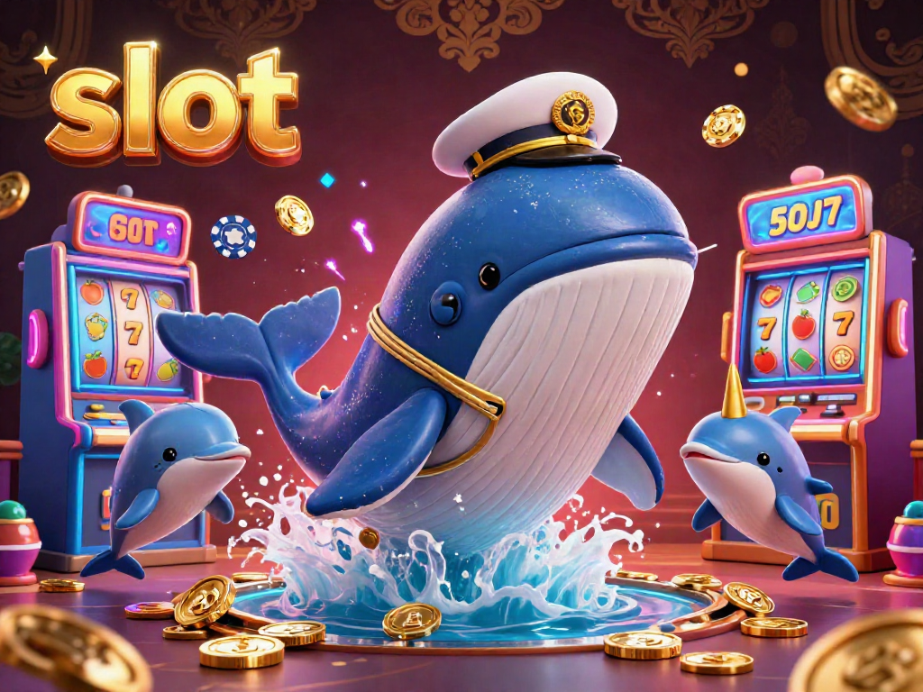 Experience the thrill of slot gaming with a 3D whale and dolphins playing in a sea of coins.