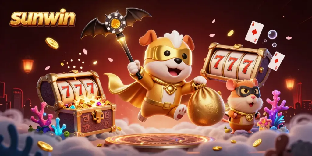 Feel the excitement of sunwin as a superhero dog and hamster dive into a treasure-filled casino.