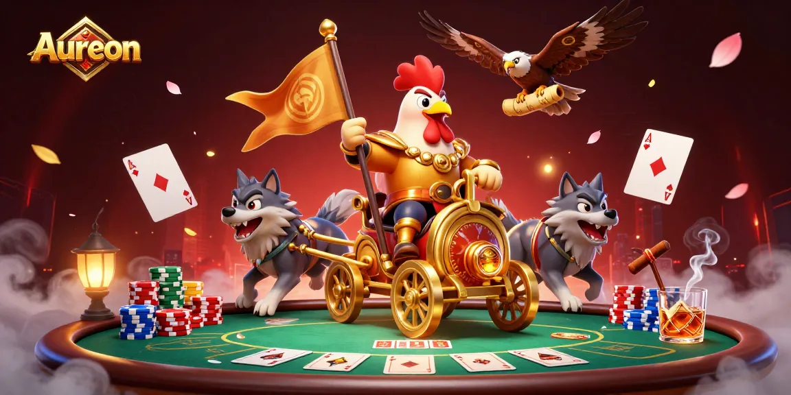Aureon casino showcases a vibrant 3D illustration featuring a rooster warlord at a poker table amidst poker chips.