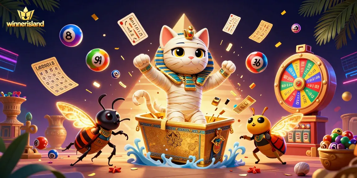 Experience the vibrant gamescape of winnerisland with a dynamic casino scene featuring a mummy cat and exciting game elements.
