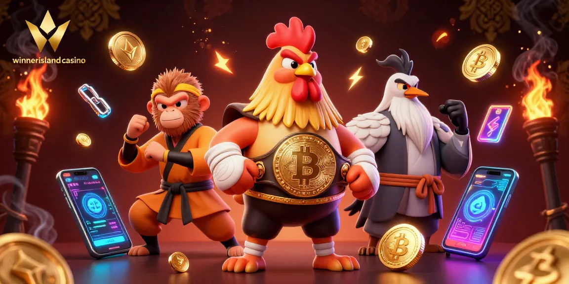 Engage with winnerislandcasino’s thrilling 3D illustration featuring dynamic casino-themed characters and crypto elements.