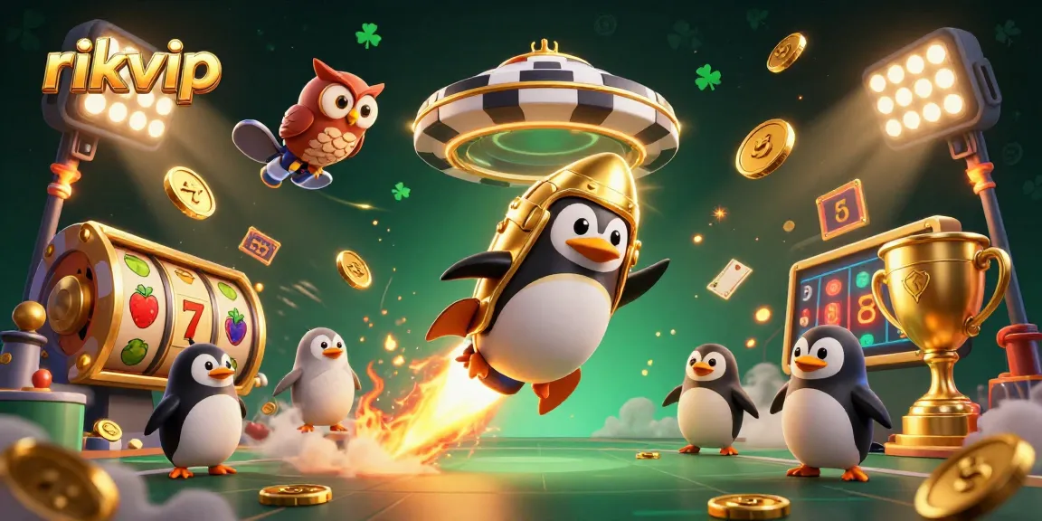 Experience thrilling wins at rikvip with an exciting 3D illustration of a golden penguin in space!